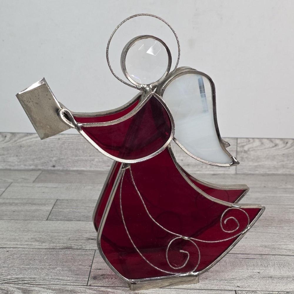 Vintage Stained Glass Standing Angel Christmas Decor Votive Candle Holder Red 9"